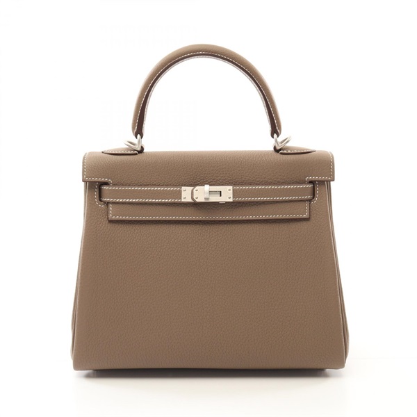 HERMES Kelly 25 Handbag 2way shoulder Togo leather Brown Etoupe Grey Used SHW