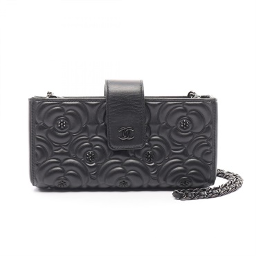 CHANEL Camelia chain Shoulder phone crossbody Bag Lambskin leather Black Used