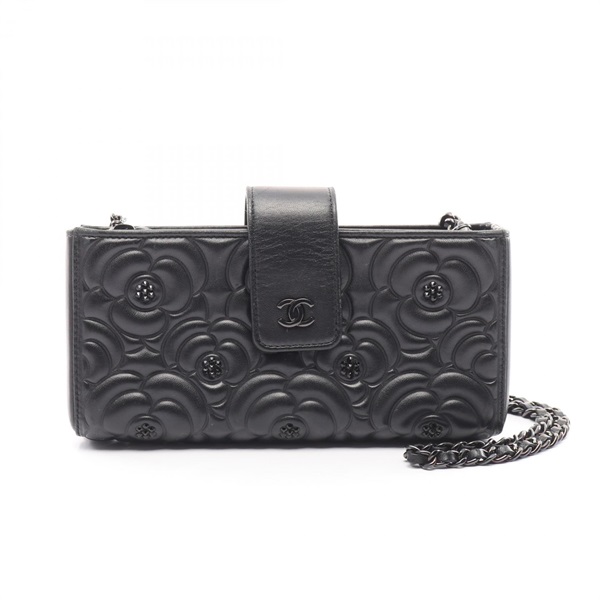 CHANEL Camelia chain Shoulder phone crossbody Bag Lambskin leather Black Used
