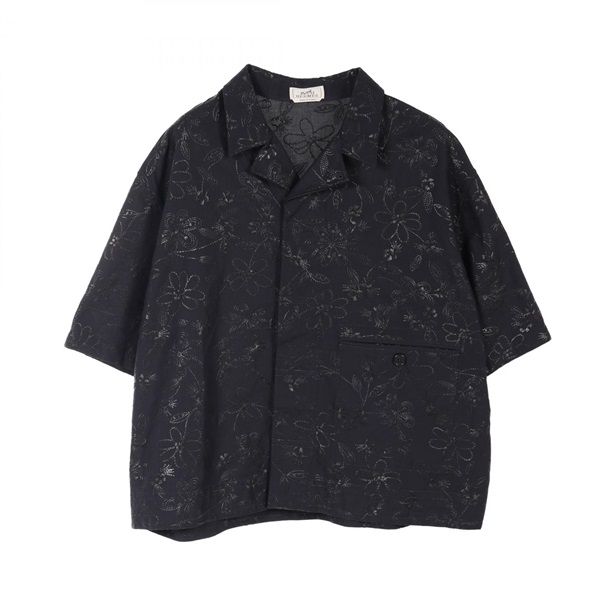 HERMES Short sleeve overshirt Oxford Fleur Technique #58 cotton navy Used