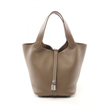 HERMES Picotin Lock MM Hand bag W Taurillon Clemence Etoupe Grey SHW