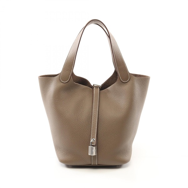 HERMES Picotin Lock MM Hand bag W Taurillon Clemence Etoupe Grey SHW