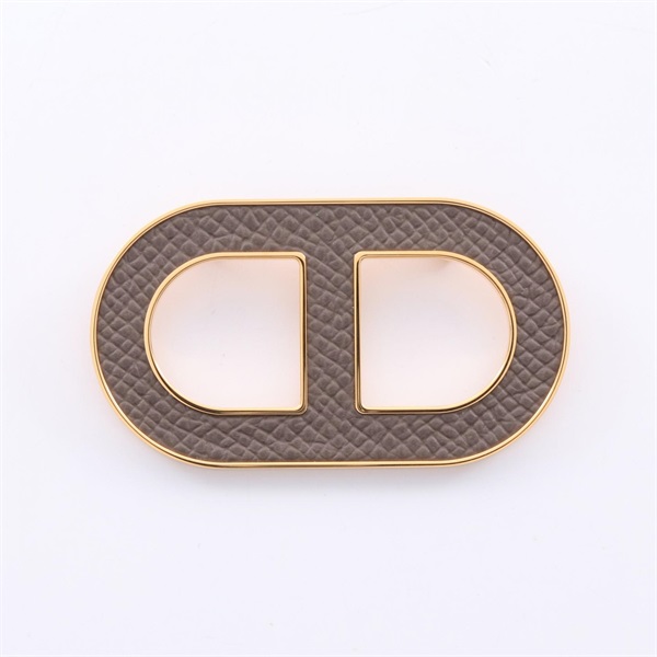 HERMES Chaine dancre Brooch Gold Plated Epsom leather Brown Etoupe Grey Used