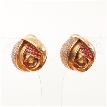 Christian Dior Pierced earrings roses Gold Plated Rhinestone Used