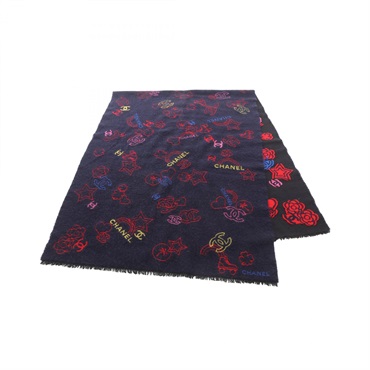 CHANEL COCO Mark Camelia Stole Shawl Wrap wool silk cashmere Navy Multicolor CC
