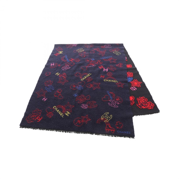 CHANEL COCO Mark Camelia Stole Shawl Wrap wool silk cashmere Navy Multicolor CC