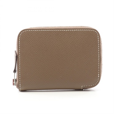 HERMES Azap Compact Mini coin purse wallet Z Epsom Brown Etoupe Grey Used SHW