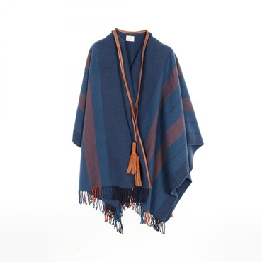 HERMES Rocabar poncho knitwear wool cashmere leather Blue Brown Used Women