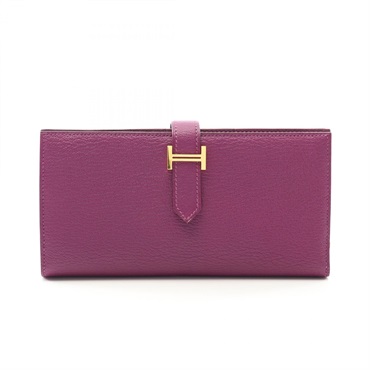 HERMES Bearn Soufflet Bifold long purse wallet R Chevre Purple Anemone Used GHW