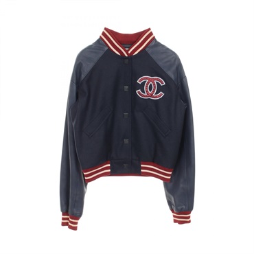 CHANEL Sports line COCO Mark Stadium jacket P23442 wool Lamb leather BK Navy #38