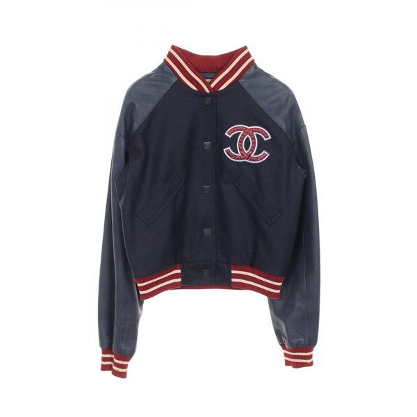 CHANEL Sports line COCO Mark Stadium jacket P23442 wool Lamb leather BK Navy #38