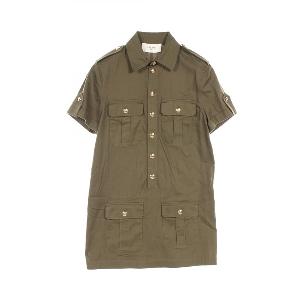CELINE Military Pocket Shirt Dress #40 Triomphe Dress 2Z488106K cotton Khaki