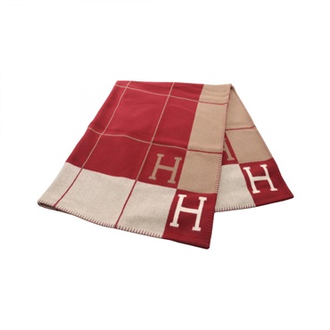 HERMES Plaid Avalon 3 Blanket wool cashmere Beige Bordeaux Used unisex