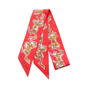 HERMES Twilly CHEVAUX EN LIBERTE Scarf silk Red Brown Multicolor Used Women