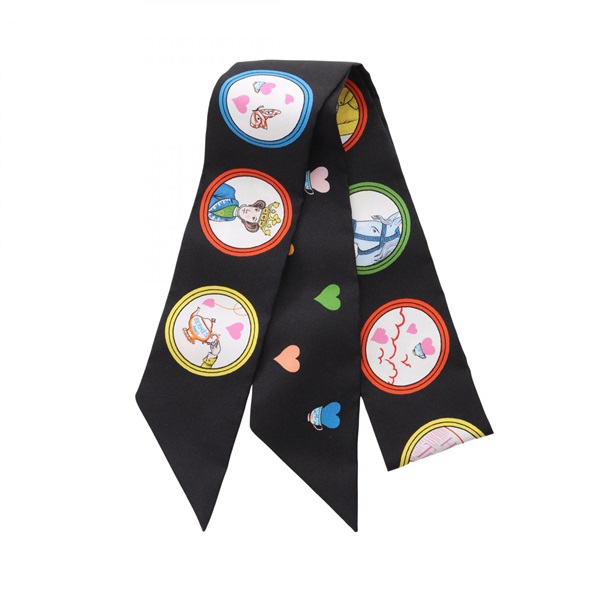 HERMES Twilly TEA TIME Scarf silk Black White Red Blue Multicolor Used Women
