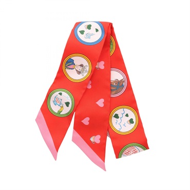 HERMES Twilly TEA TIME Scarf silk Red Pink White Multicolor Used Women