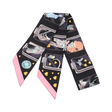 HERMES Twilly HERMES STORY Scarf silk Black Pink Blue Multicolor Used Women