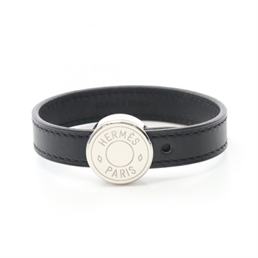HERMES Sellier looping Bracelet bangle J leather Black White Used Women