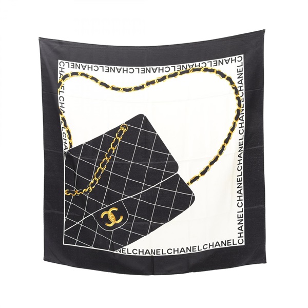 CHANEL Matelasse Scarf silk White Black Yellow Used Women COCO CC