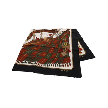 GUCCI Stole Scarf Wool Silk Black White Multicolor 140cm x 140cm Used Women
