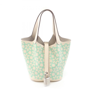 HERMES Picotin Lock Micro Lucky Daisy Hand bag U Swift Nata Blanc SHW