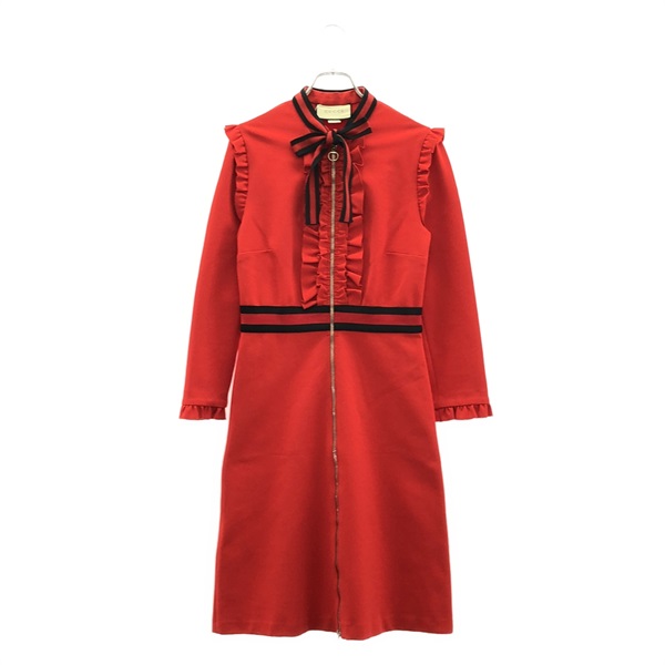 GUCCI Long-sleeve Bow Tie Dress 457032 Rayon Polyester Red Size L Used Women