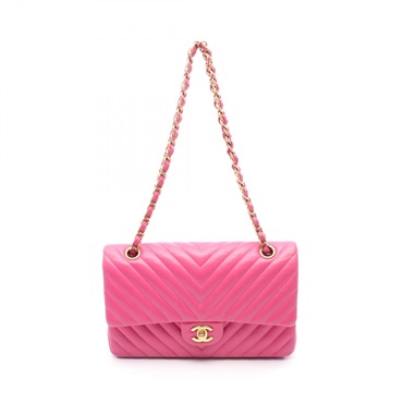 CHANEL Chevron V-Stitch W-Flap Chain Shoulder Bag A01112 Lambskin Pink Used GHW