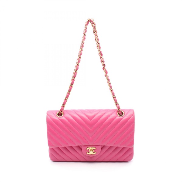CHANEL Chevron V-Stitch W-Flap Chain Shoulder Bag A01112 Lambskin Pink Used GHW