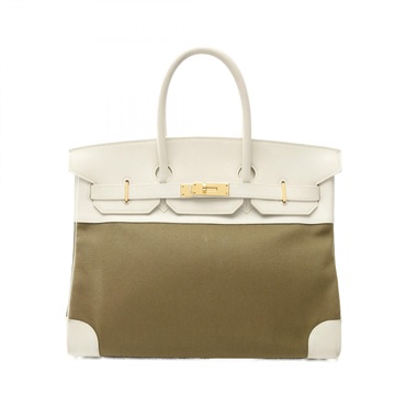 HERMES Birkin 35 Handbag Toile officier leather Khaki White Used Women Y GHW