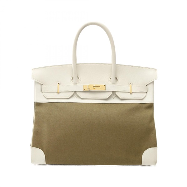HERMES Birkin 35 Handbag Toile officier leather Khaki White Used Women Y GHW