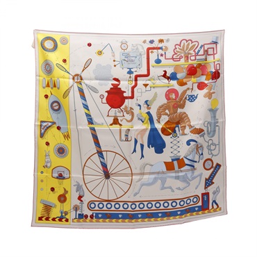 HERMES Carre90 TEA FOR TWO Scarf silk White Pink Multicolor Used Women
