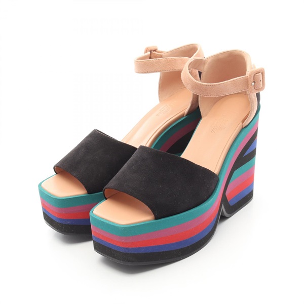 HERMES Early Sandal Wedge Sole Shoes Heel Suede Black Used Women #37 1/2