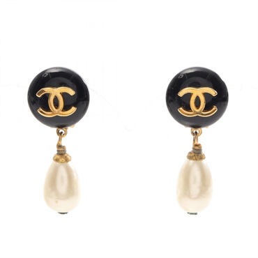 CHANEL COCO Mark Dangle Drop Earrings Gold Plated Artificial pearl BLack Used CC