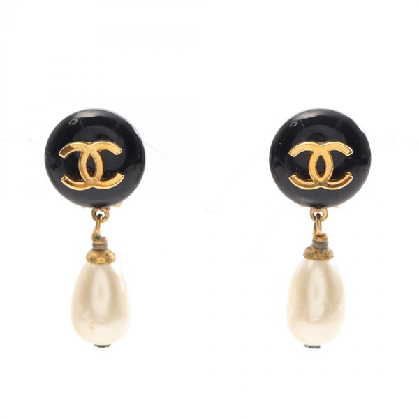 CHANEL COCO Mark Dangle Drop Earrings Gold Plated Artificial pearl BLack Used CC