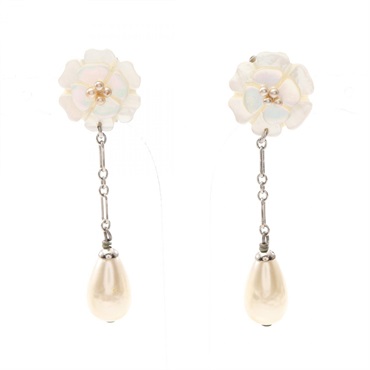 CHANEL Camelia Dangle Drop Earrings Stainless Steel Artificial pearl Used COCO