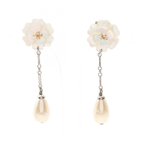 CHANEL Camelia Dangle Drop Earrings Stainless Steel Artificial pearl Used COCO