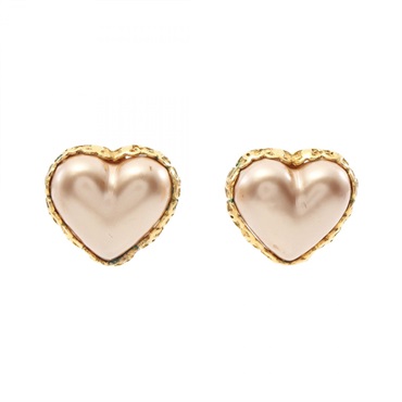 CHANEL Heart COCO Mark Clip-on Earrings Gold Plated Artificial pearl Pink Used
