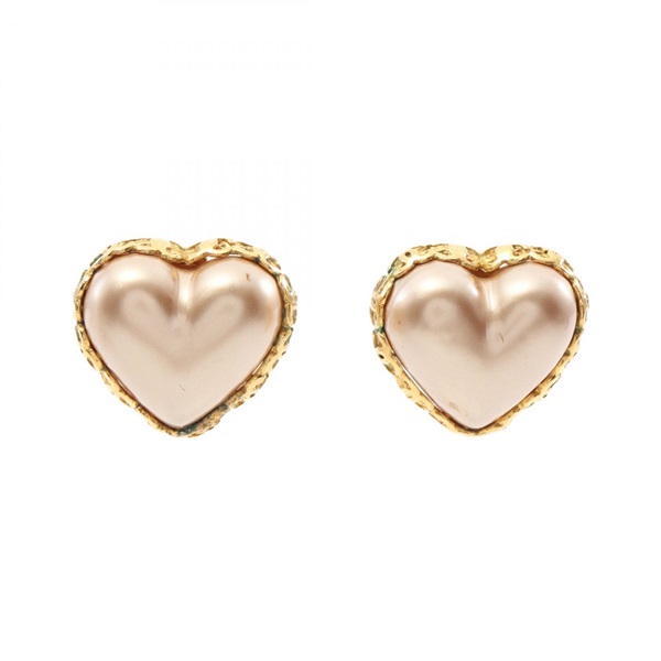 CHANEL Heart COCO Mark Clip-on Earrings Gold Plated Artificial pearl Pink Used