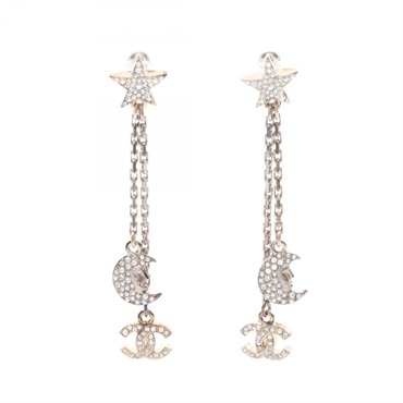 CHANEL COCO Mark Star Moon Pierced earrings Gold Plated Rhinestone Used women