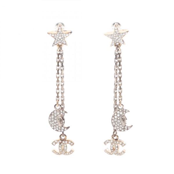CHANEL COCO Mark Star Moon Pierced earrings Gold Plated Rhinestone Used women