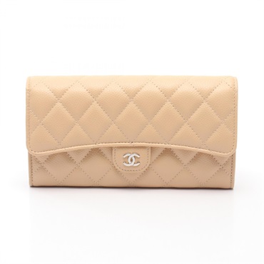 CHANEL Classic Long Flap Wallet Matelasse AP0241 leather Beige Used Women SHW CC