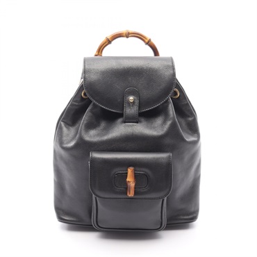 GUCCI Bamboo Drawstring Backpack Rucksack 003 2034 Leather Black Used Unisex