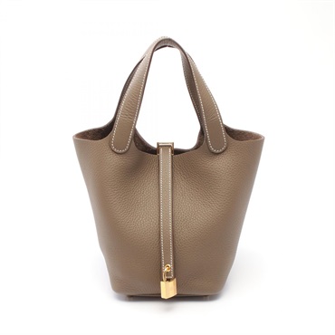 HERMES Picotin Lock PM Tote Handbag W Taurillon Clemence Brown Etoupe Women GHW