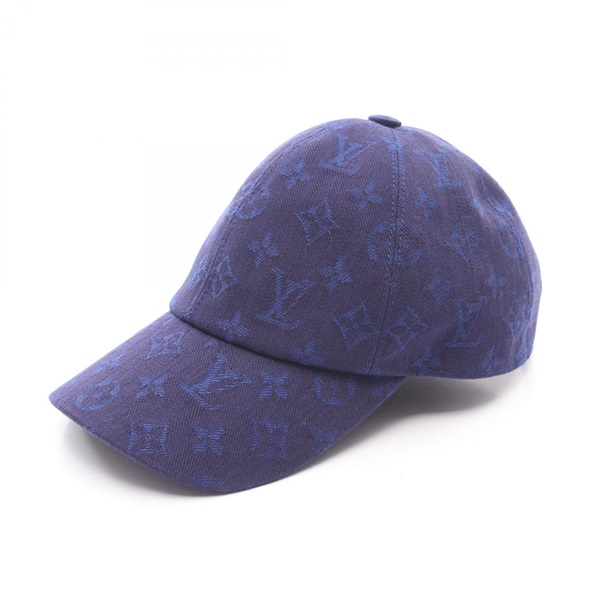 LOUIS VUITTON Monogram Essentials Cap hat M77589 leather cotton Navy Used mens M