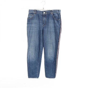 CHANEL Tweed Trim Denim Pants P59532 Cotton Blue Size 42 Used Women