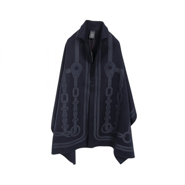 HERMES Trompe l'oeil coaching stole poncho H774198S cashmere Navy Used Women