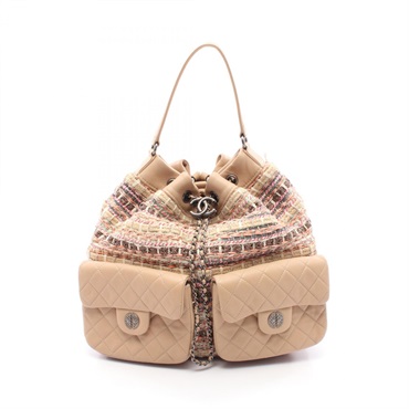 CHANEL Matelasse COCO Mark Rucksack Backpack drawstring Tweed Lambskin BGE Used