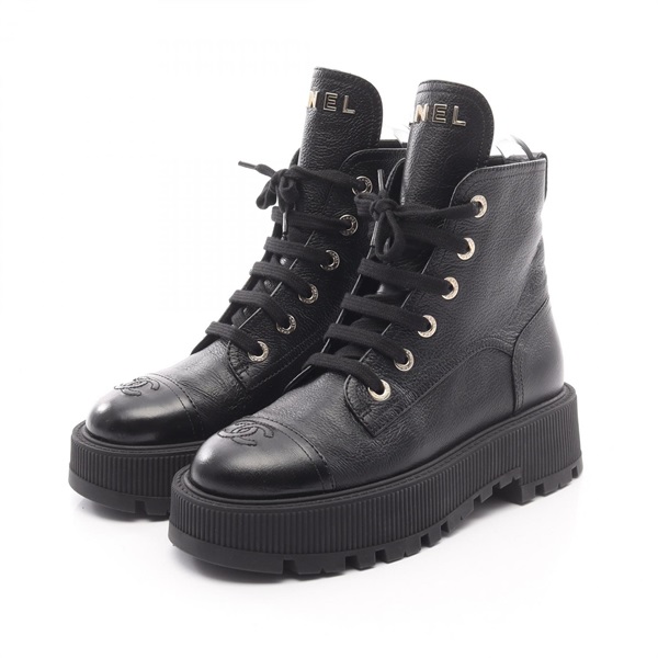 CHANEL COCO Mark lace-up short boots G45124 leather Black Women #37 CC