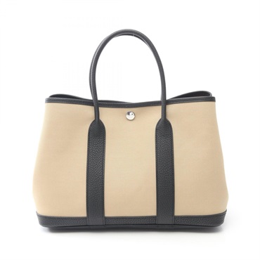 HERMES Garden party TPM Tote Bag Toile officie Negonda leather Beige Black SHW