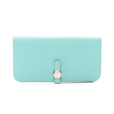 HERMES Dogon Long Bi-fold purse X Clemence leather Blue atoll Used Women SHW